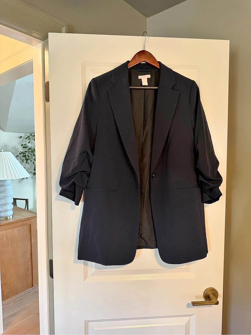 H&M Gathered-Sleeve Jacket Navy Size Medium